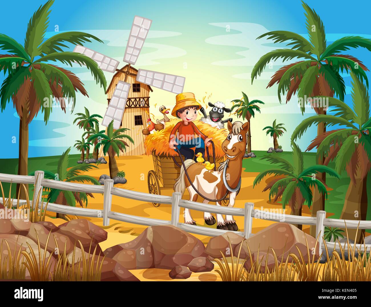 A young farmer at the farm with his animals Stock Vector Image & Art ...