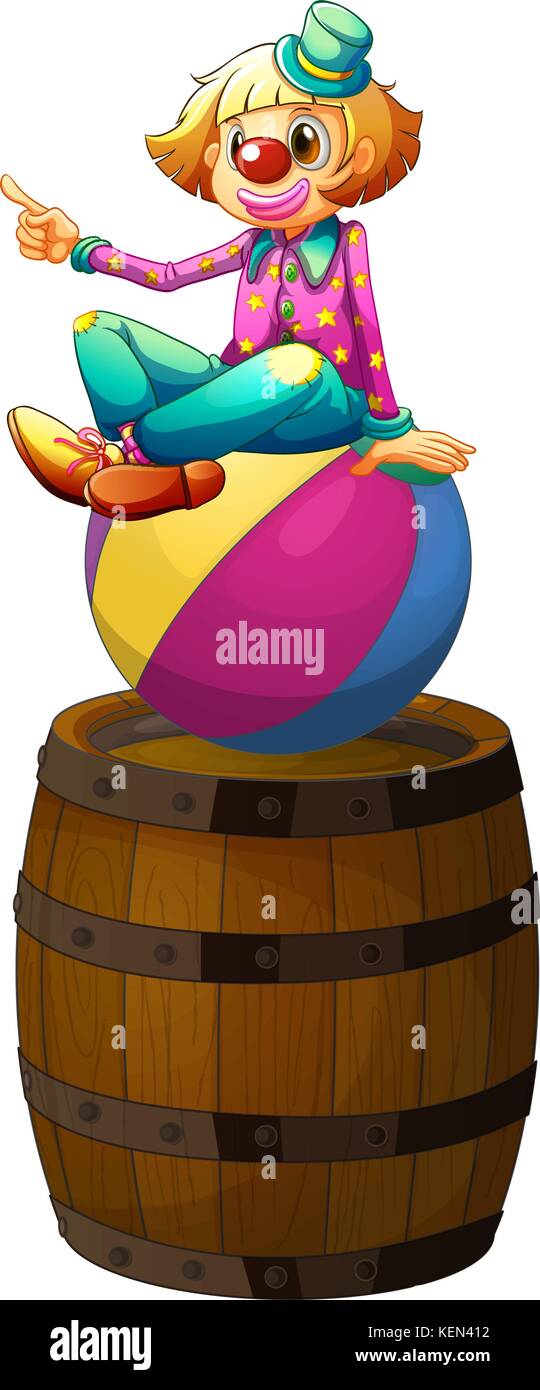 Illustration of a ball with a clown above the wooden barrel on a white ...