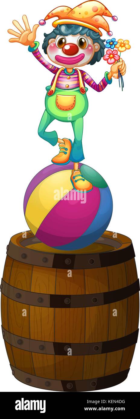 Illustration of a playful clown above the wooden barrel on a white ...