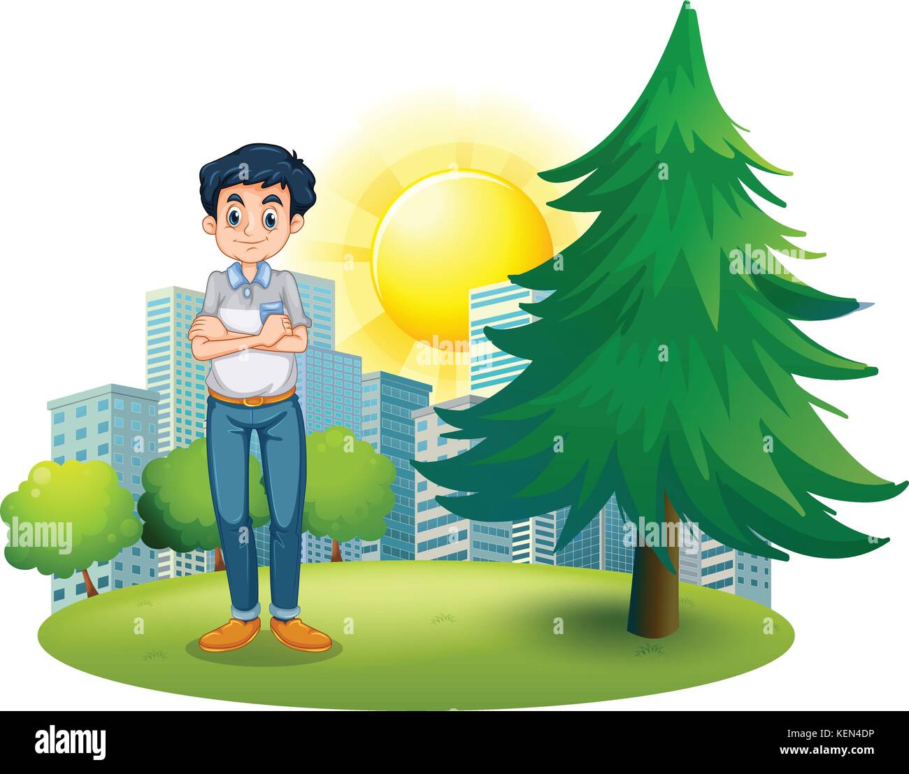 Illustration of a man standing near the pine tree on a white background