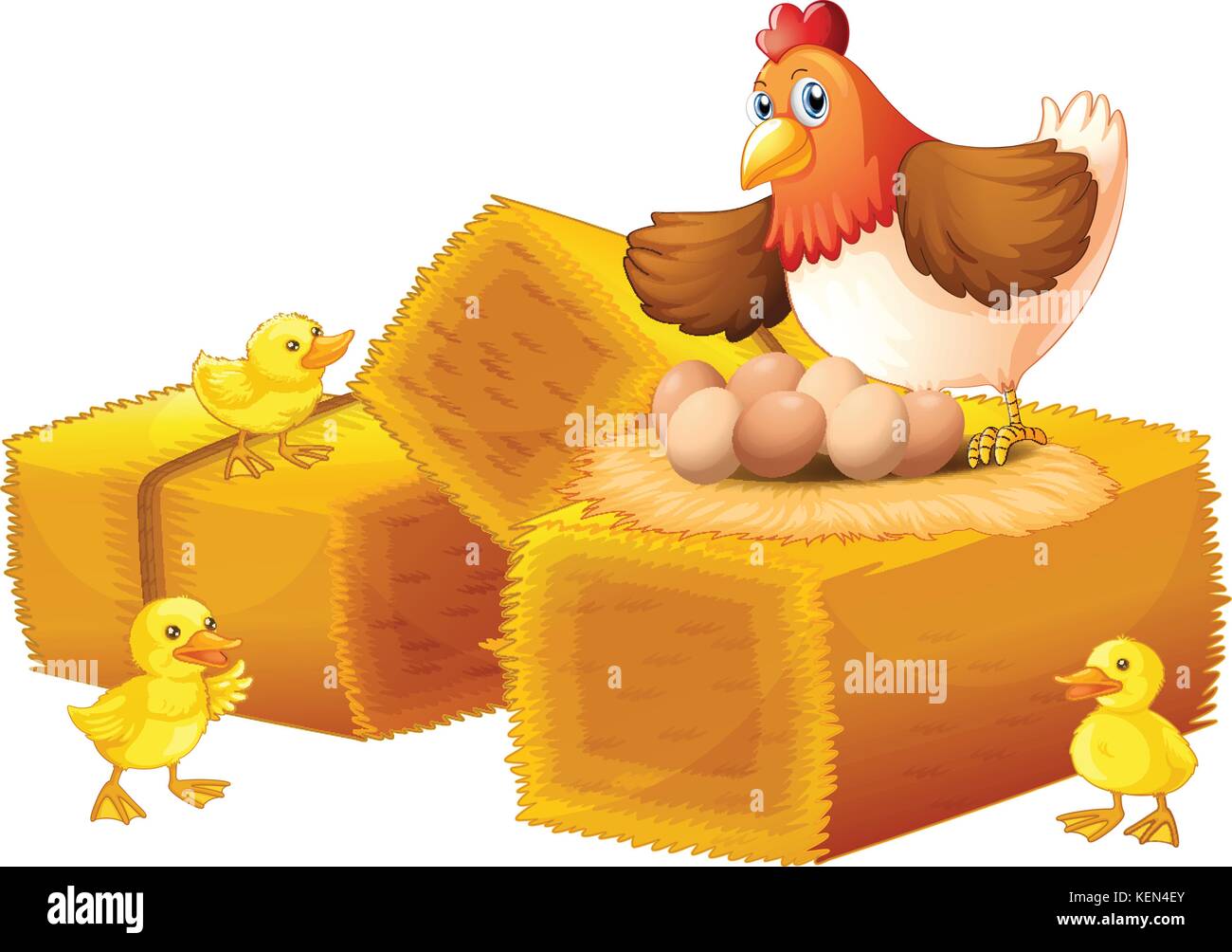 Illustration of a hen with her eggs and chicks on a white background Stock Vector
