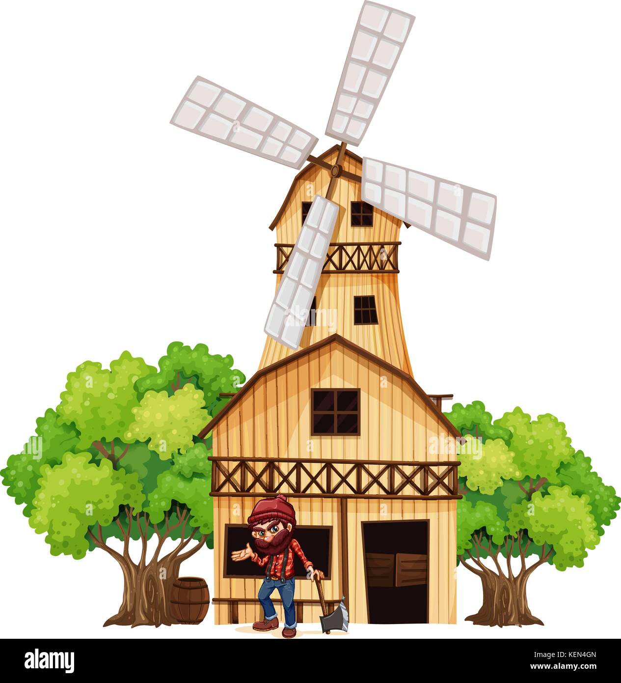 Illustration of a woodman holding an axe beside the wooden building on a white background Stock Vector
