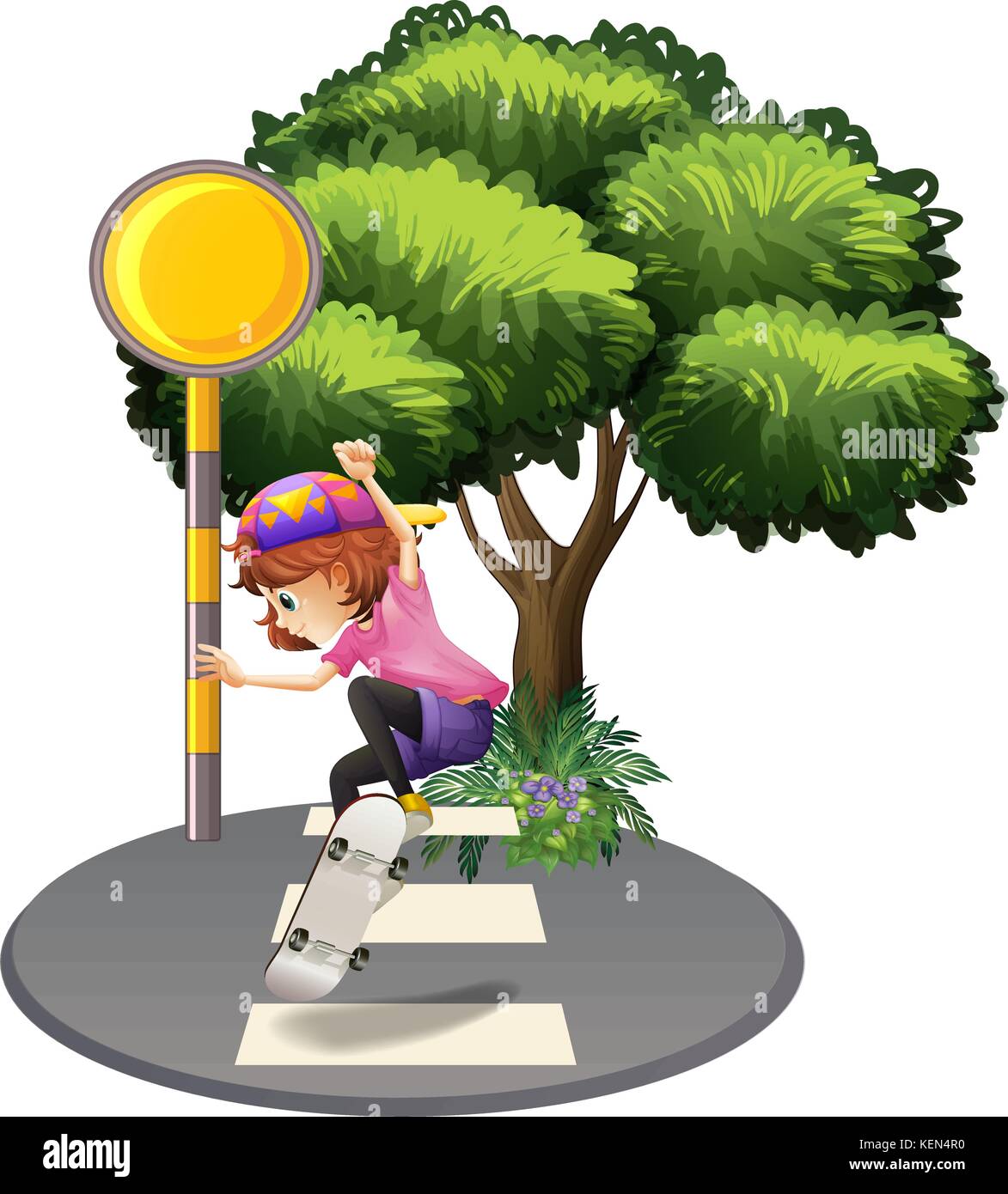 Illustration of a young lady skating at the pedestrian lane on a white background Stock Vector