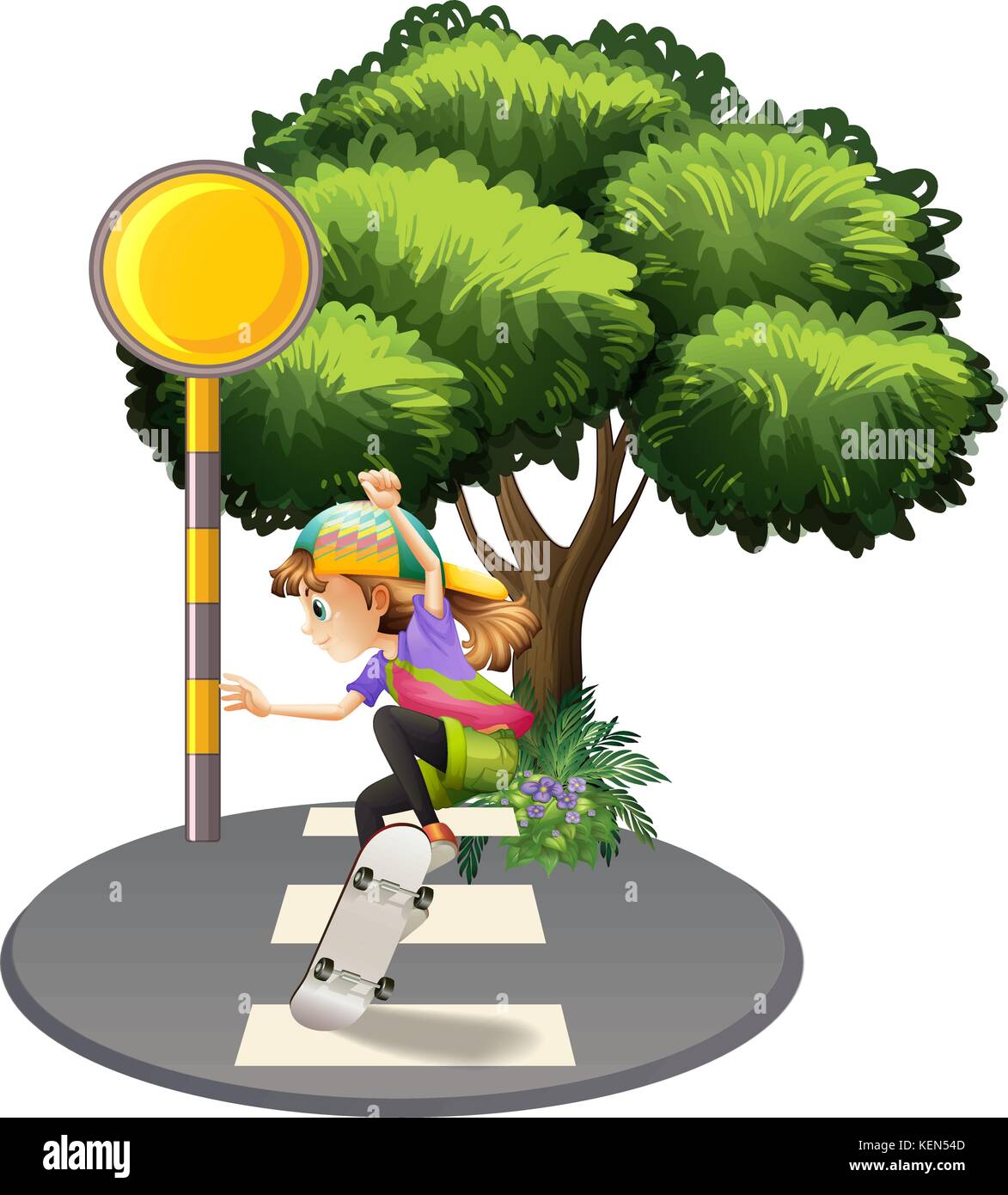 Illustration of a young girl playing with her skateboard at the street on a white background Stock Vector