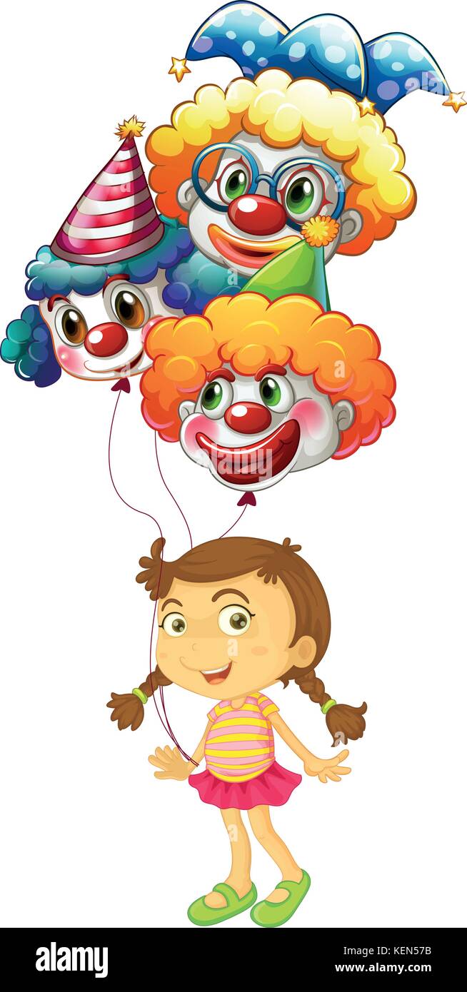 Illustration of a young girl holding three clown balloons on a white ...