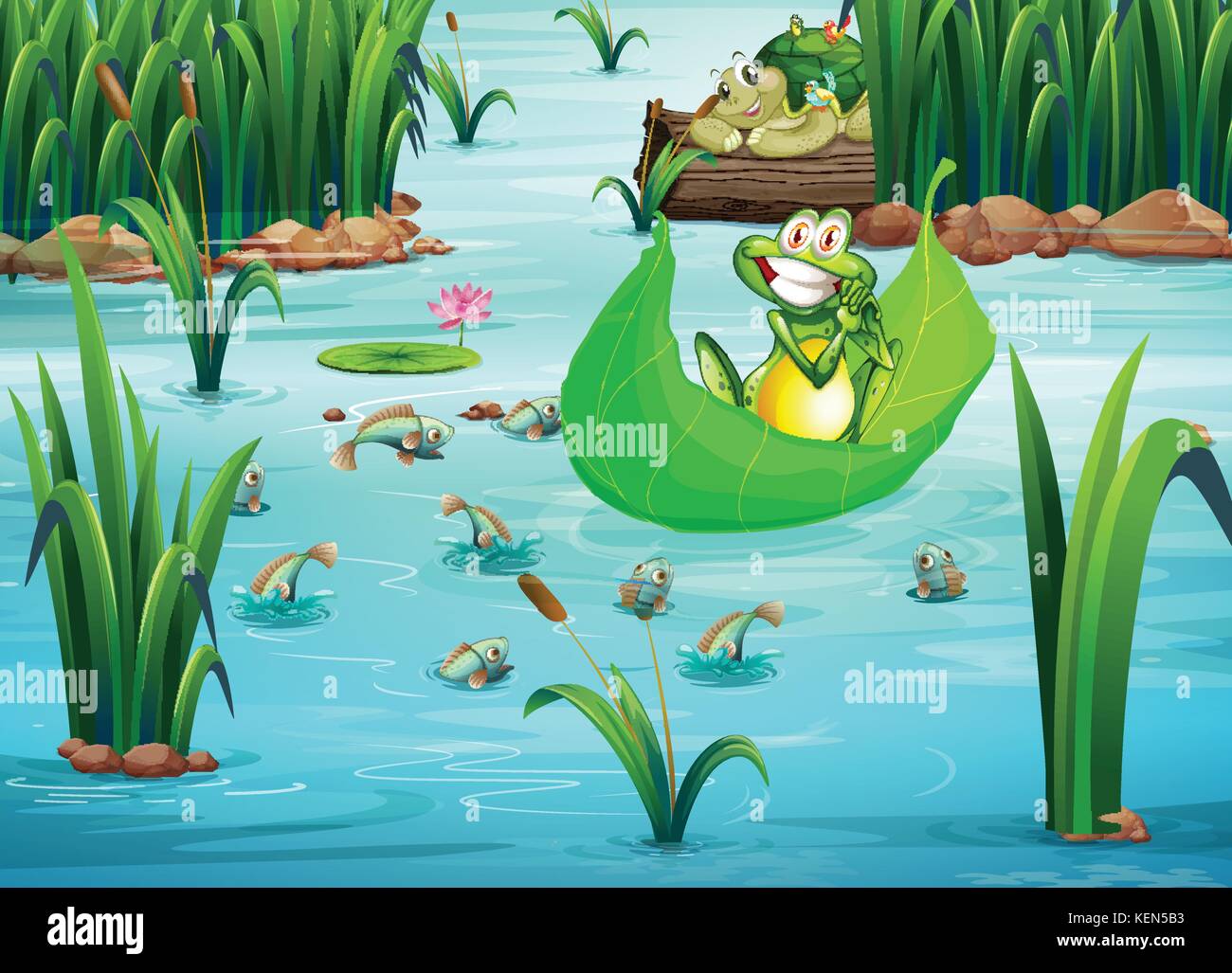 Illustration of a playful frog and a turtle at the pond Stock Vector