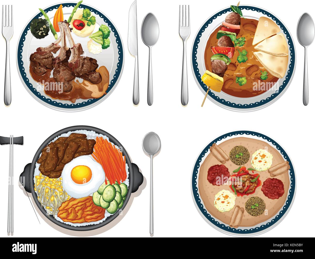 Illustration of four dishes of international food Stock Vector