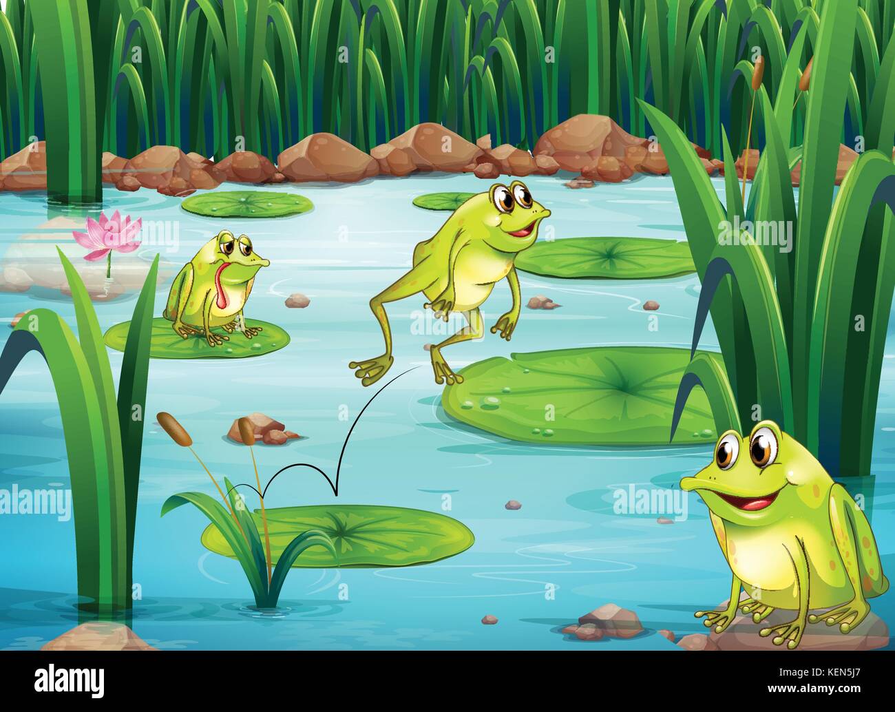 Illustration of many frogs in the pond Stock Vector