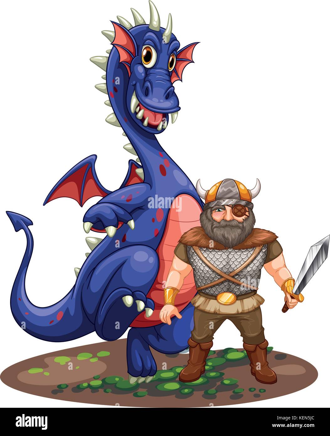 Illustration of viking and dragon on white Stock Vector