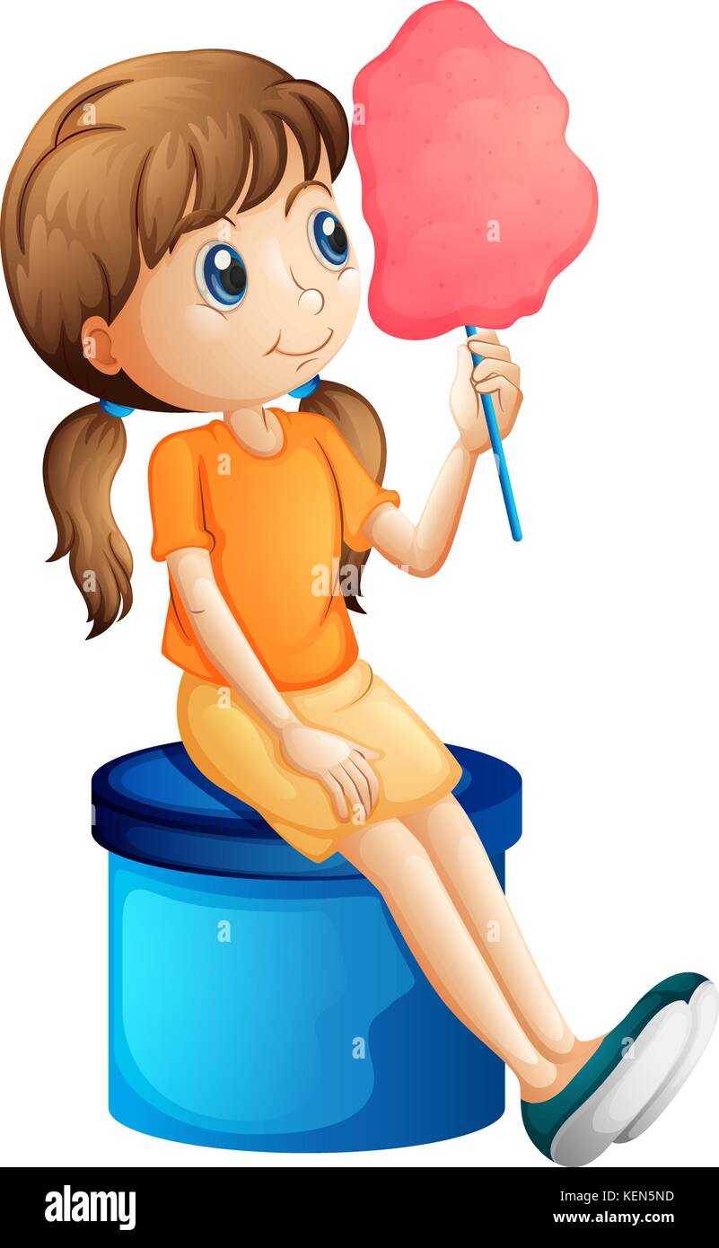 Illustration of a young woman eating a cotton candy on a white background Stock Vector