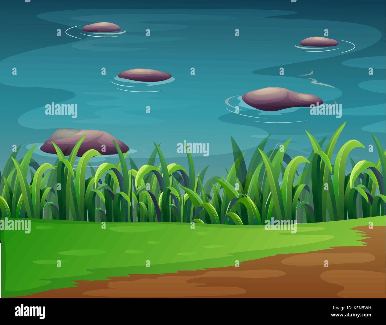 Illustration of a pond with rocks Stock Vector