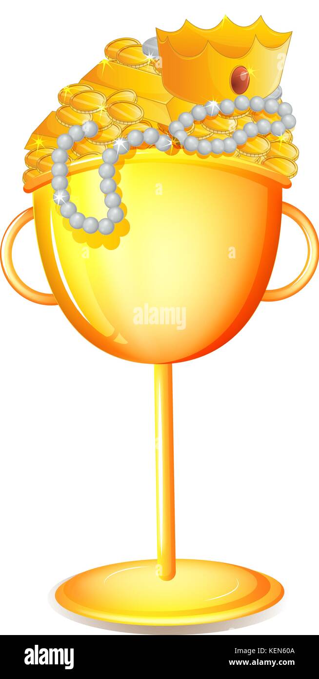 Illustration of a golden cup with gold treasures on a white background Stock Vector