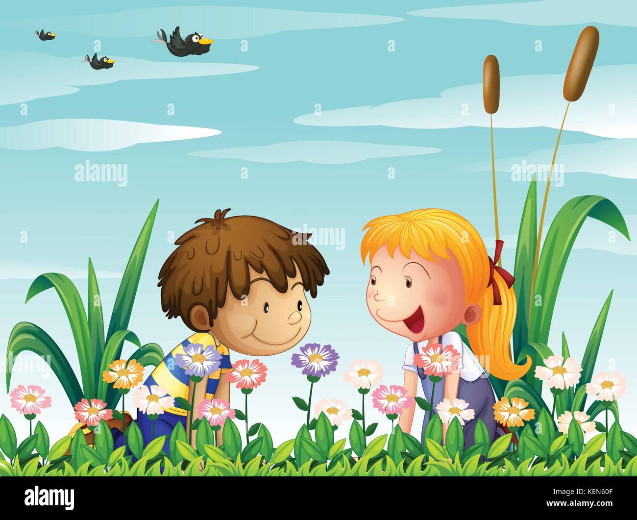 Illustration of a cute girl and a cute boy watching the flowers Stock  Vector Image & Art - Alamy