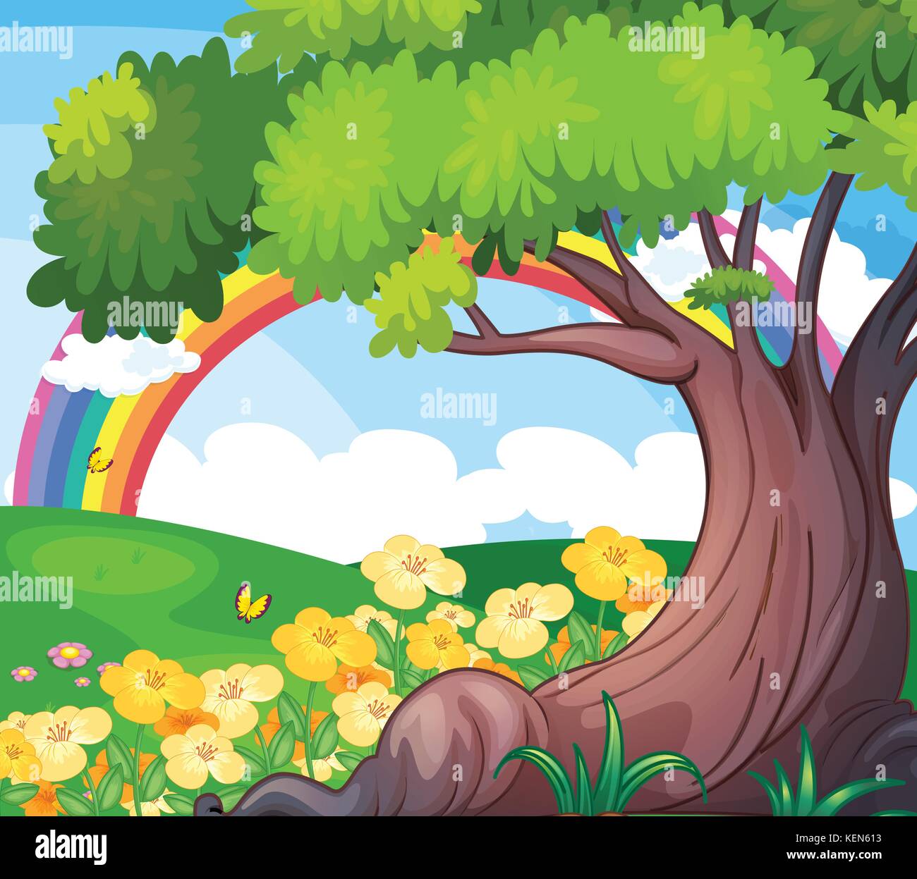 Illustration of a rainbow in the sky and the beautiful flowers Stock Vector