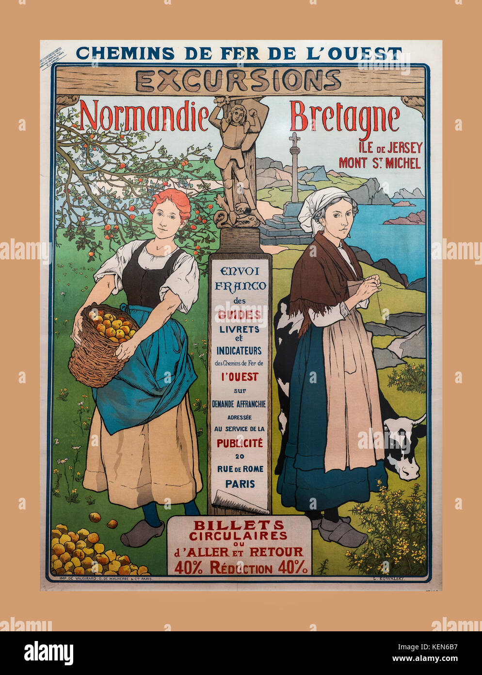 1930’s French Railwáys Vintage Poster Normandie Bretagne Excursion Chemins de fer de l’ouest Brittany France Stock Photo