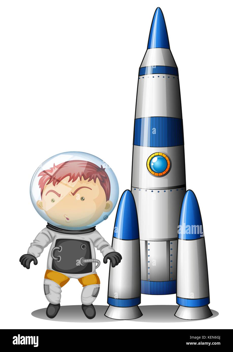 Illustration of a boy beside the rocket on a white background Stock Vector