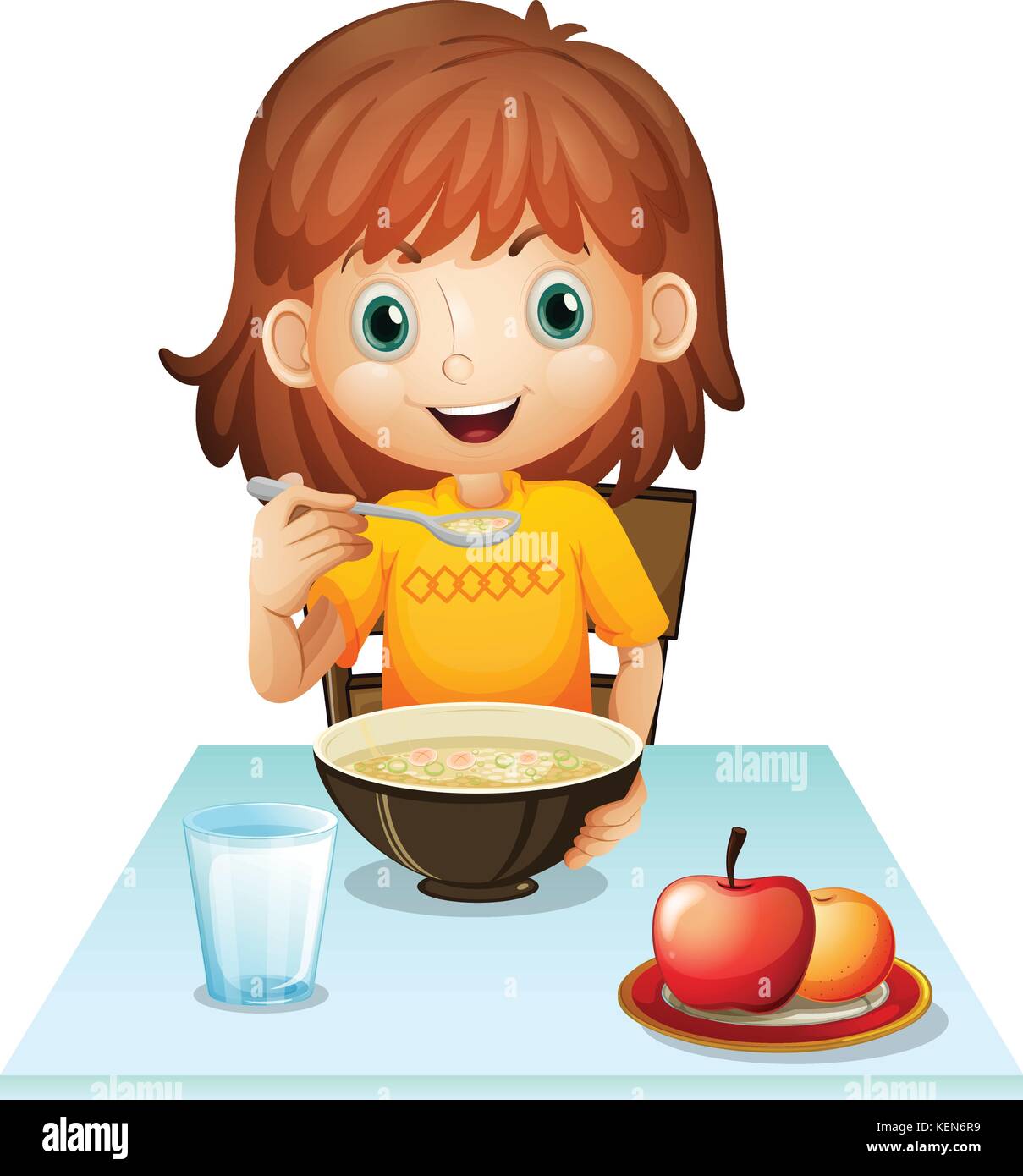 Illustration of a little girl eating her breakfast on a white