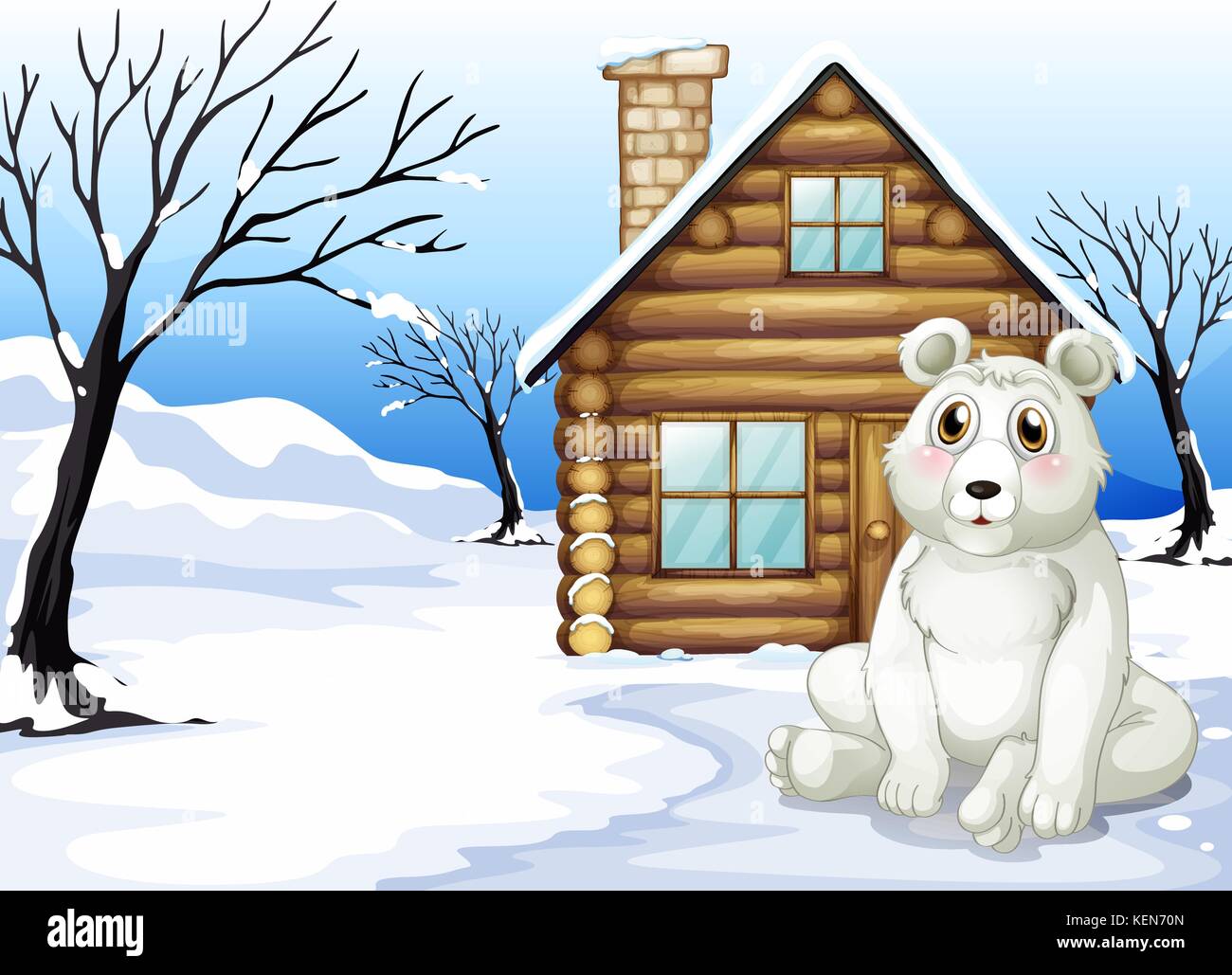 Illustration of a polar bear outside the wooden house Stock Vector