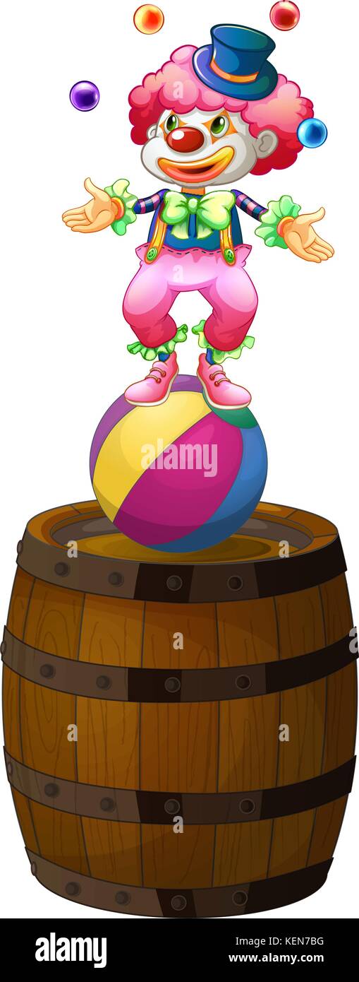 Illustration of a clown juggling above the barrel on a white background ...