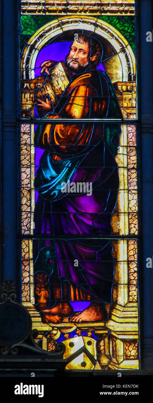 Stained Glass in the Basilica of San Petronio, Bologna, Emilia Romagna, Italy, depicting Siant Mark or Marcus the Evangelist Stock Photo