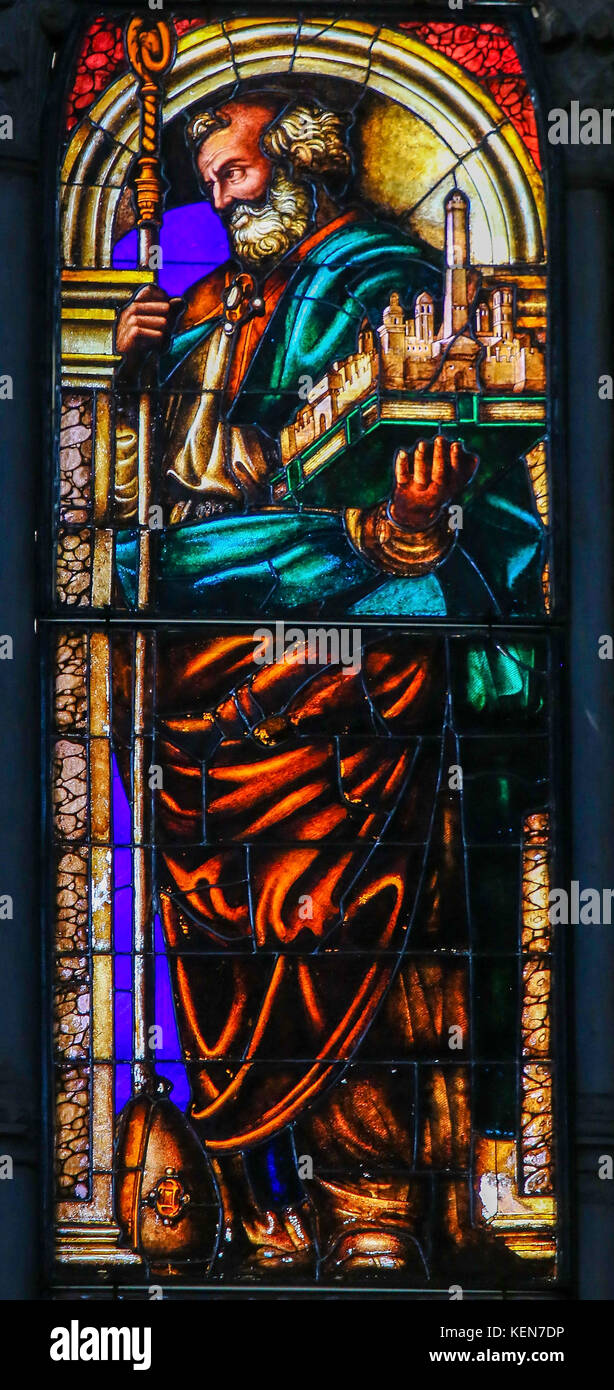 Stained Glass in the Basilica of San Petronio, Bologna, Emilia Romagna, Italy, depicting Saint Petronius or San Petronio, the Patron Saint of Bologna, Stock Photo