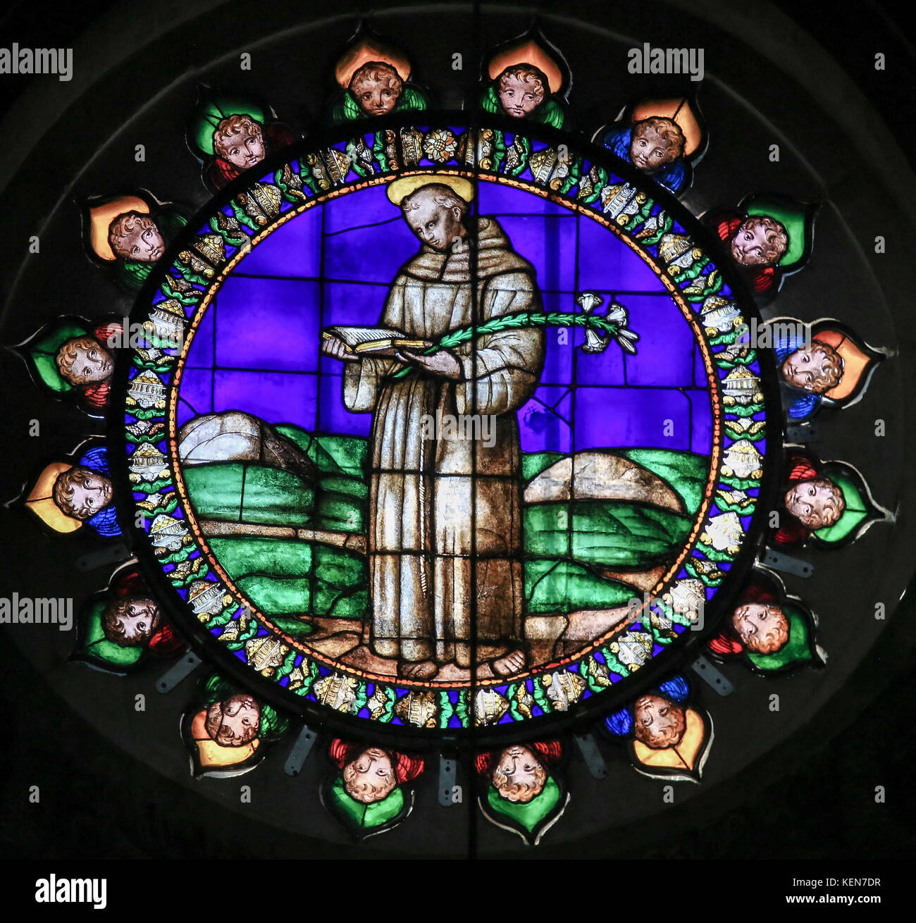 Stained Glass in the Basilica of San Petronio, Bologna, Emilia Romagna, Italy, depicting Saint Anthony of Padua or San Antonio, a famous Italian saint Stock Photo