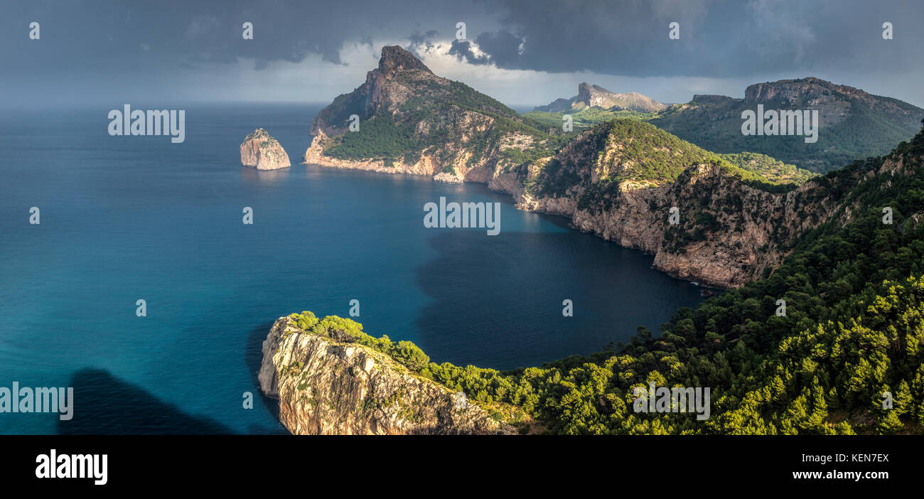 View from the Mirador de la Creueta towards the island Colomer and the Mountain range Farollons at the northern end of the islandBalearic Island Stock Photo