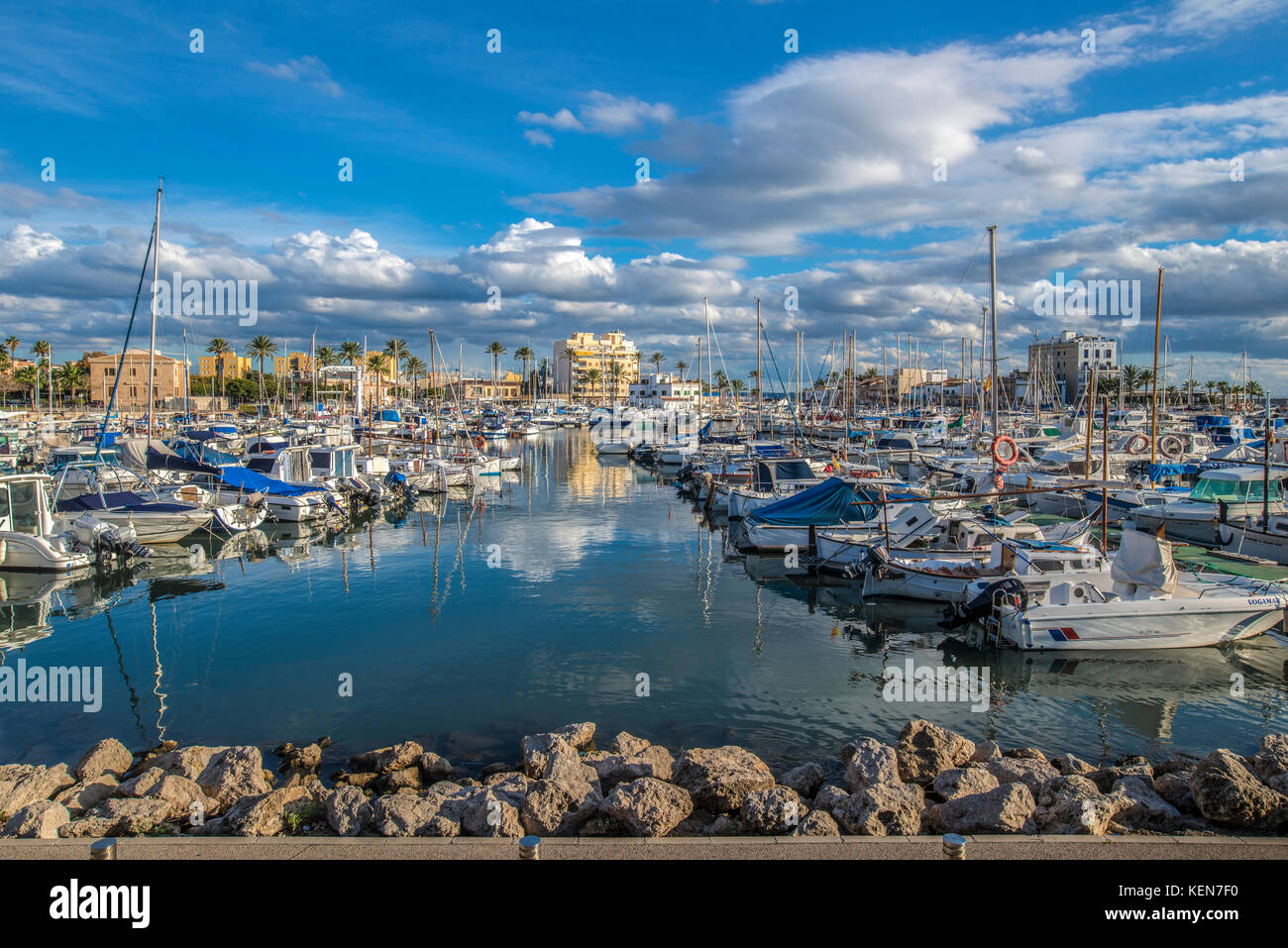 SPAIN, BALEARIC, MALLORCA, View across the harbor of Portixol, a suburb of Palma, Stock Photo