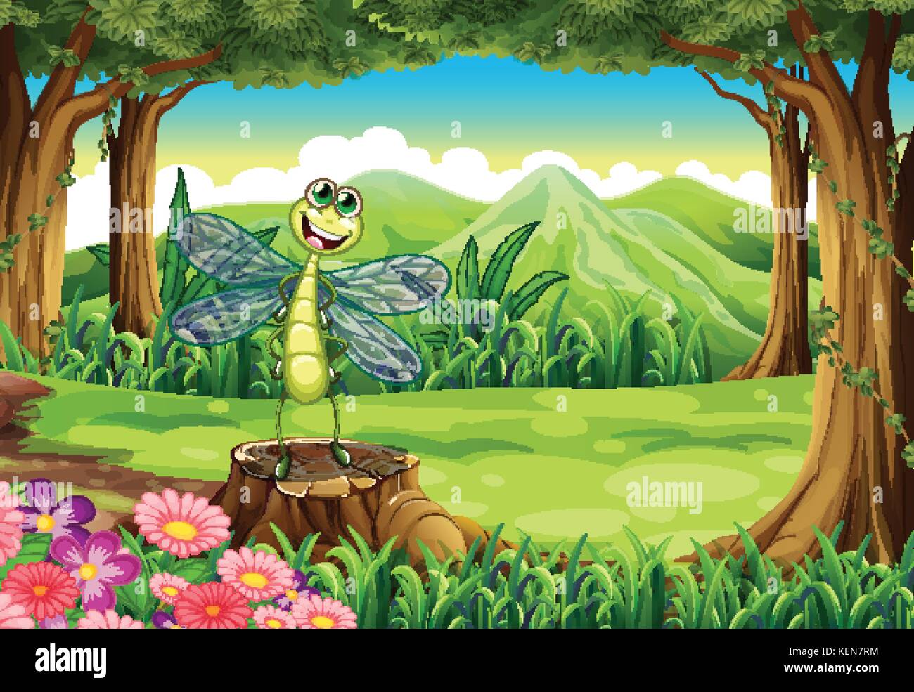 Illustration of a stump at the jungle with a smiling dragonfly Stock ...