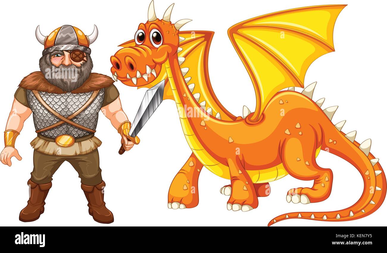 Illustration of a viking standing next to a dragon Stock Vector