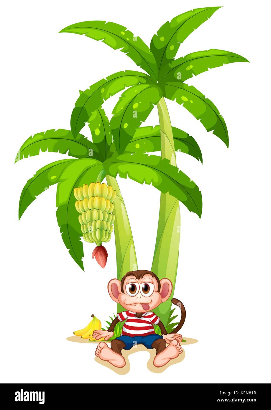 Illustration of a monkey under the banana plant on a white background Stock Vector