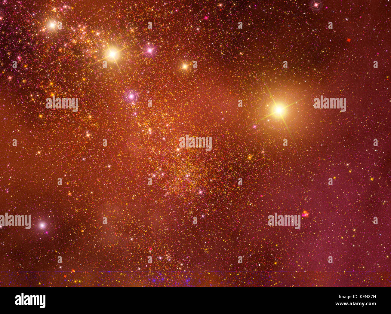 Red decorative abstract cosmic background illustration representing an artistic view on the Universe with sparkling twinkling multi-colored  and deep  Stock Photo