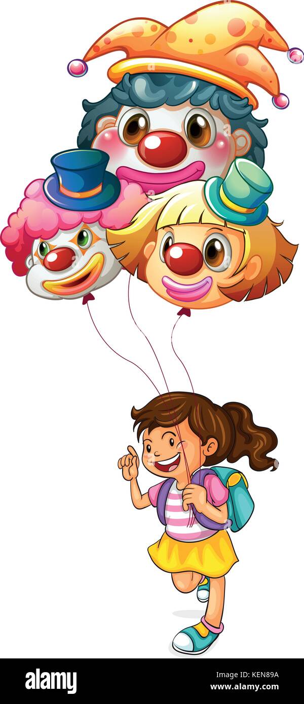 Illustration of a happy girl holding clown balloons on a white ...