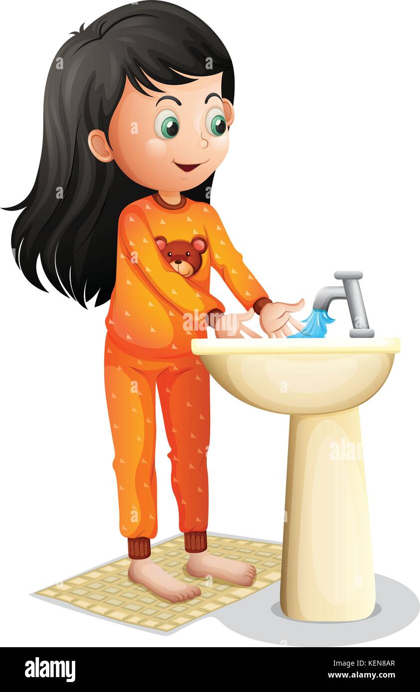 Illustration Of A Young Girl Washing Her Hands On A White