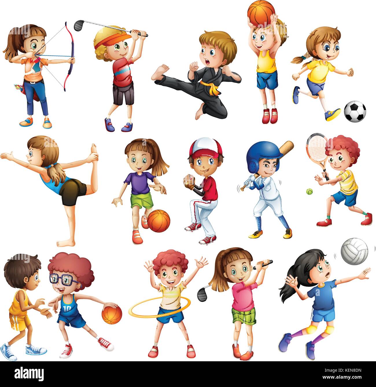 Kids playing various sports on white Stock Vector