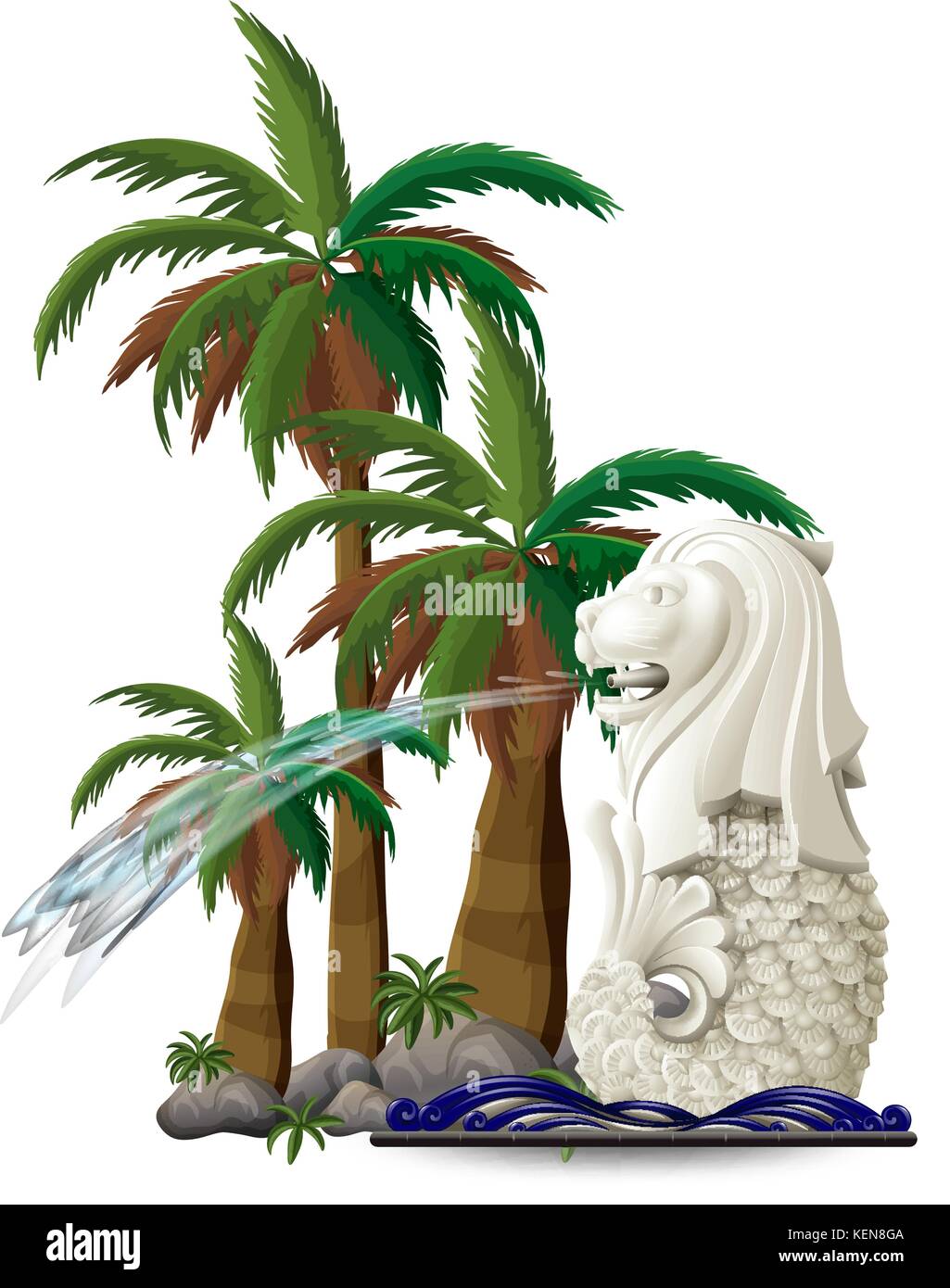 Illustration of the statue of Merlion near the palm trees on a white background Stock Vector