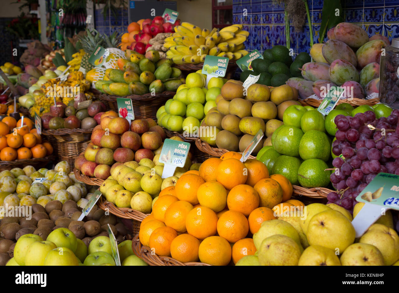 Colorful exotic fruit market stall Fresh fruits in Mercado Dos