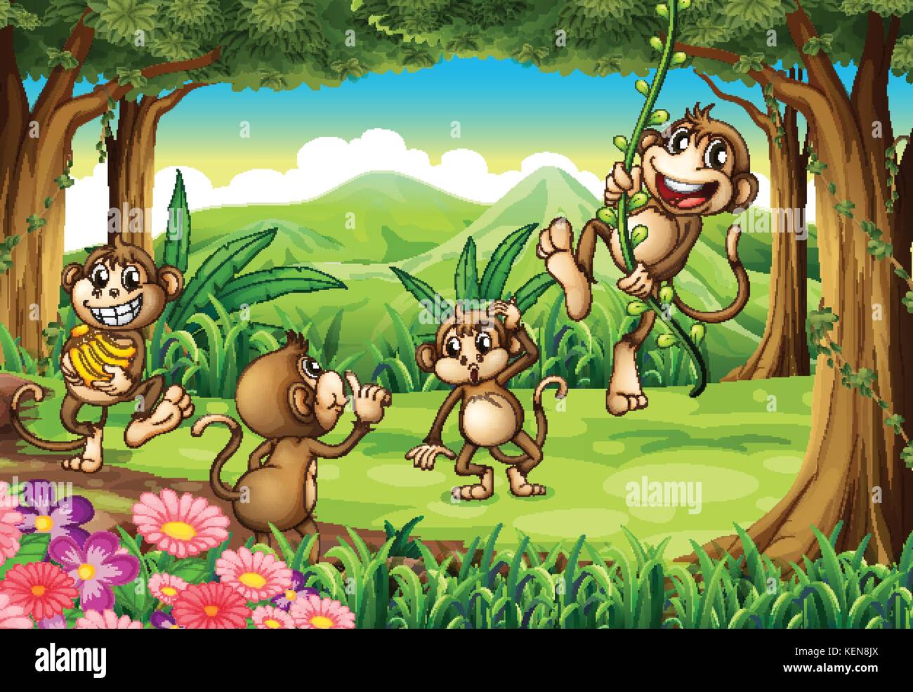 Illustration of monkeys playing in the forest Stock Vector