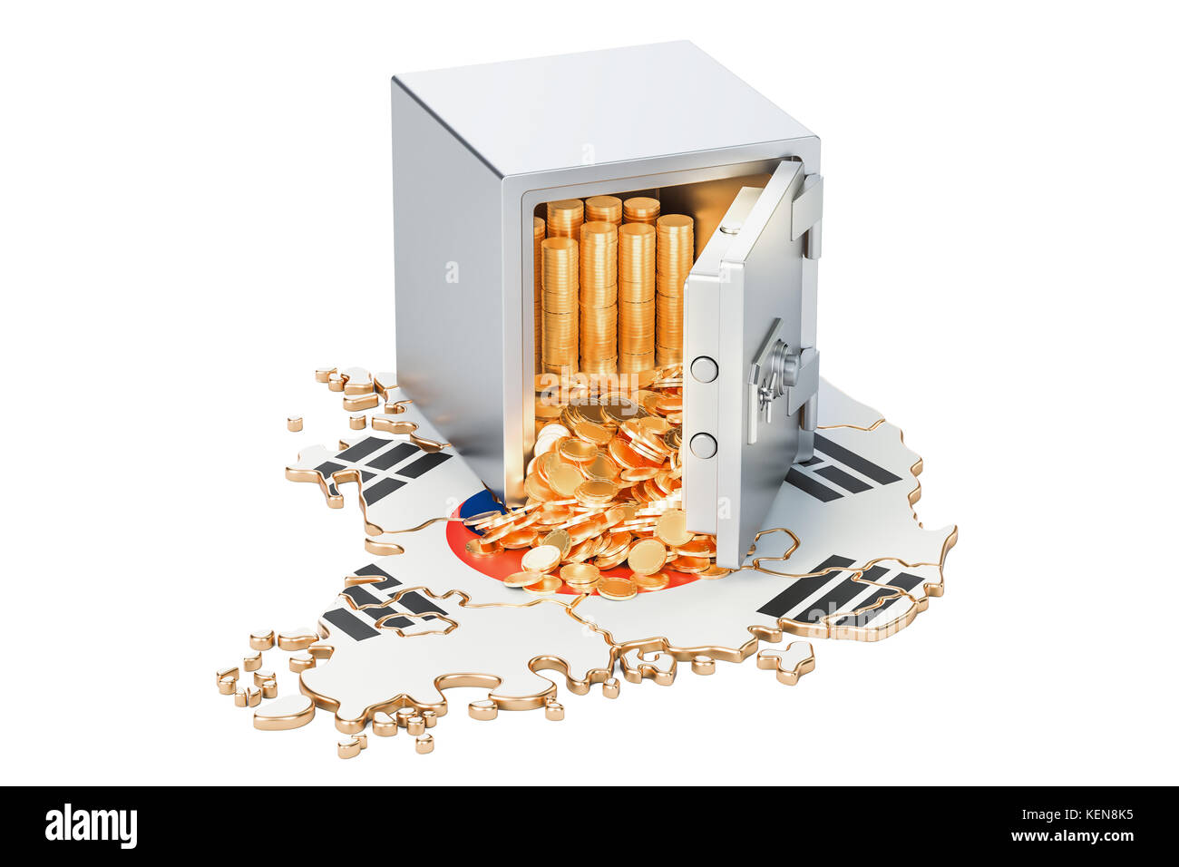 Safe box with golden coins on the map of South Korea, 3D rendering Stock Photo Alamy