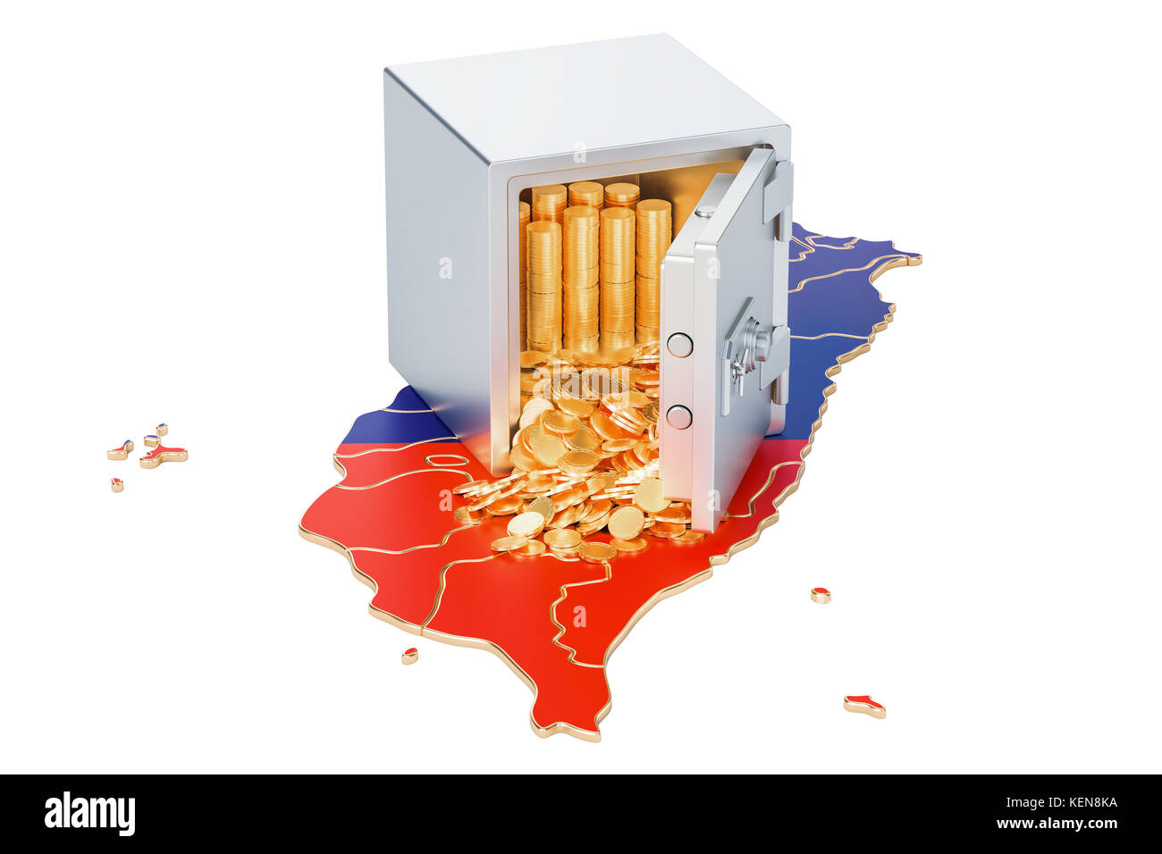Safe box with golden coins on the map of Taiwan, 3D rendering Stock ...