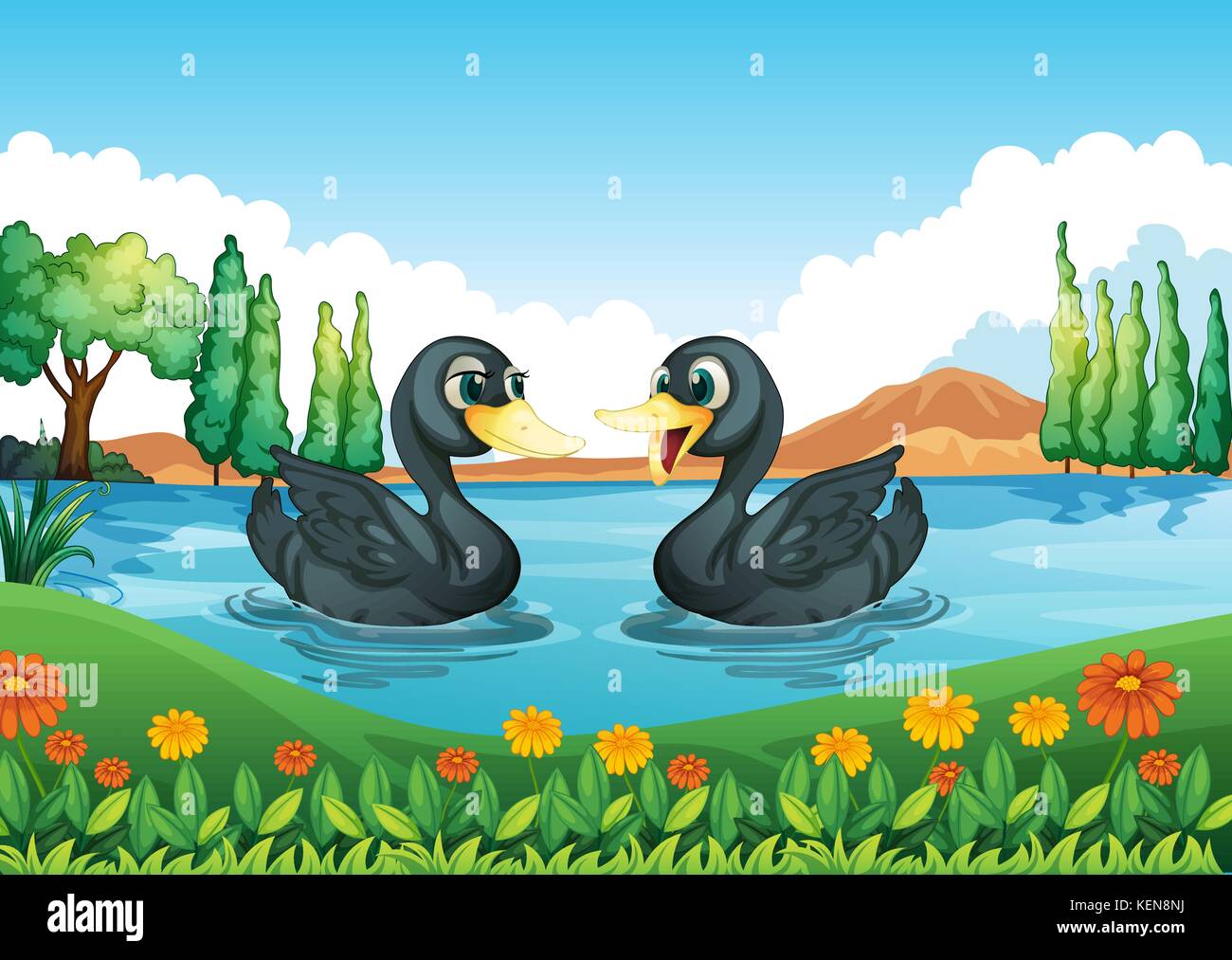 Illustration of a river with two ducks Stock Vector