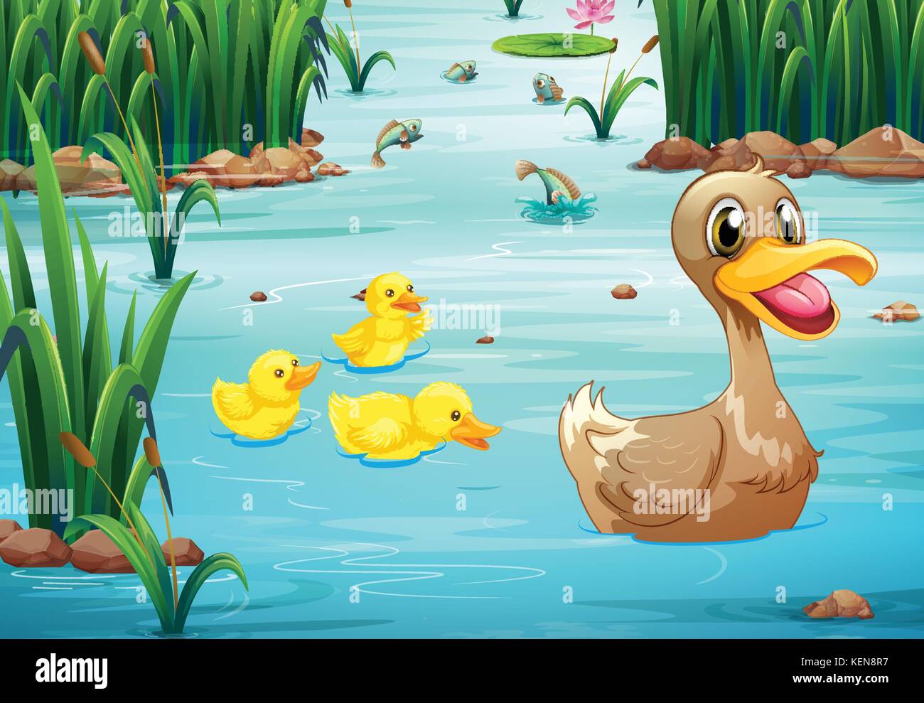Illustration of ducks swimming in the pond Stock Vector