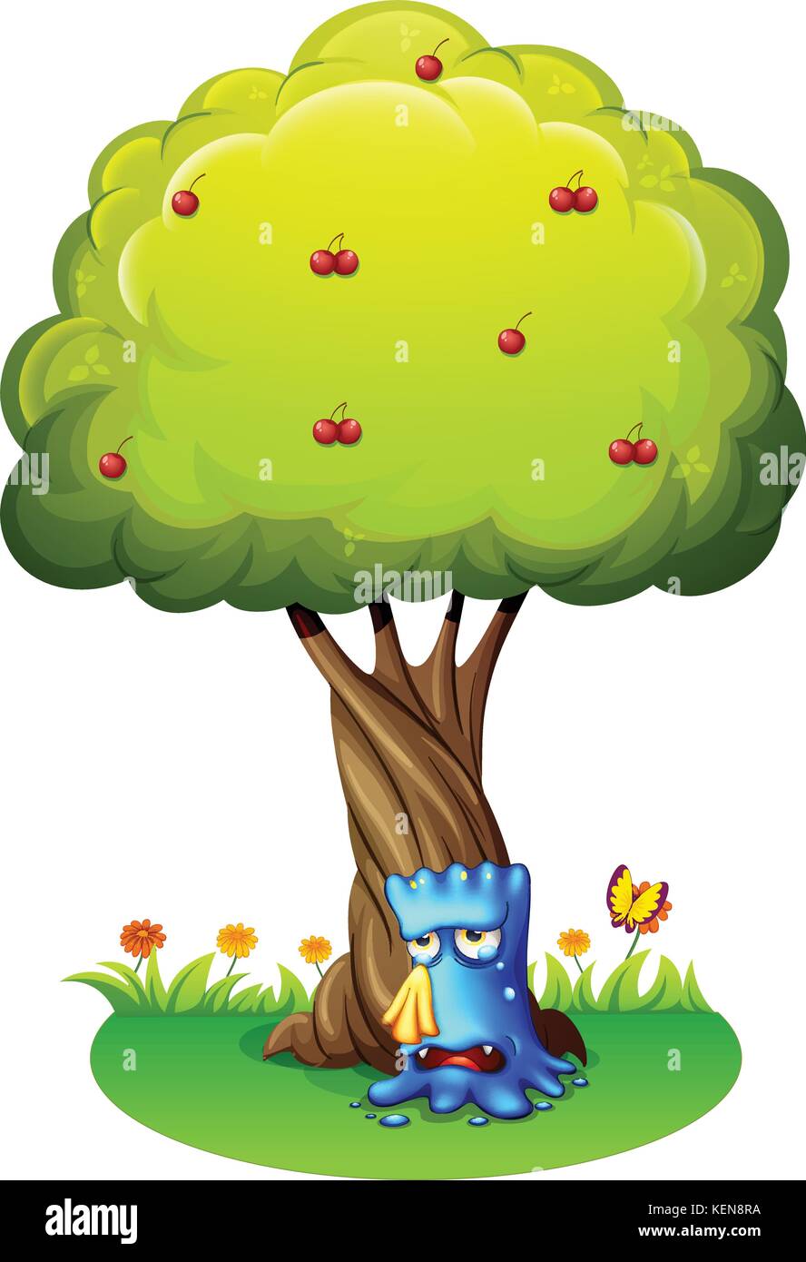 Illustration of a blue monster sobbing under the tree on a white ...