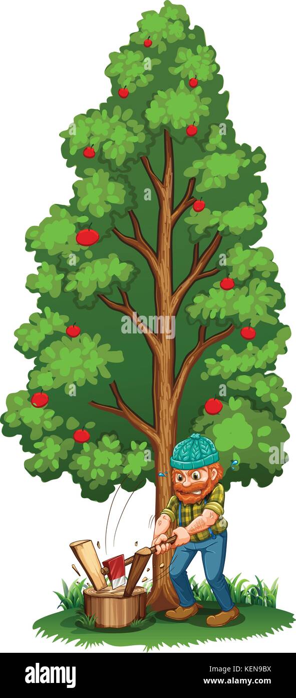 Illustration of a man chopping near the fruit bearing tree on a white background Stock Vector