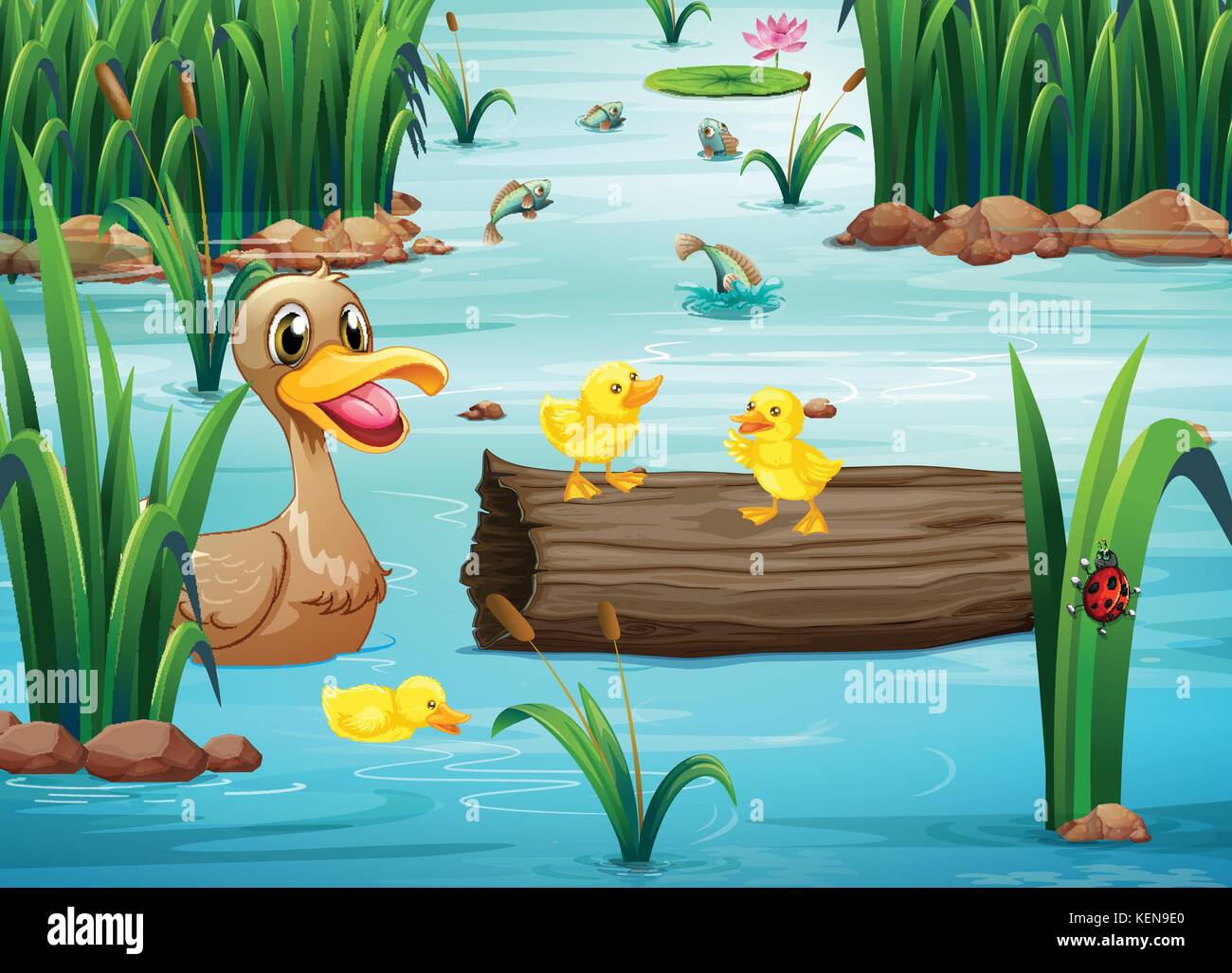 Illustration of a pond with animals Stock Vector