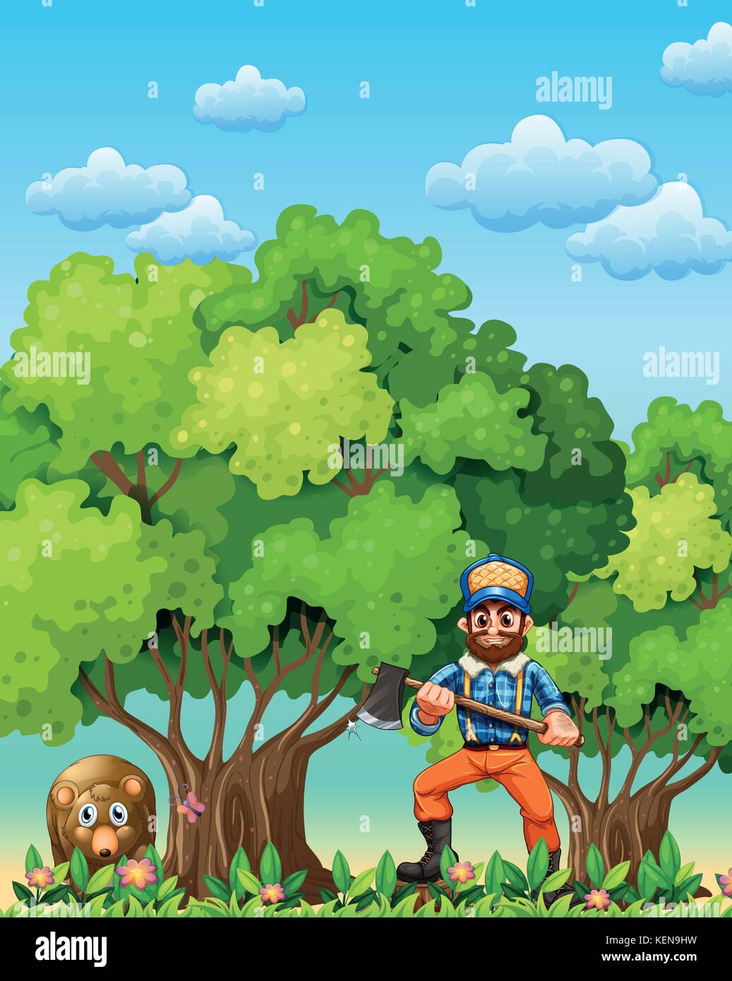 Illustration of a forest with a bear and a lumberjack Stock Vector ...