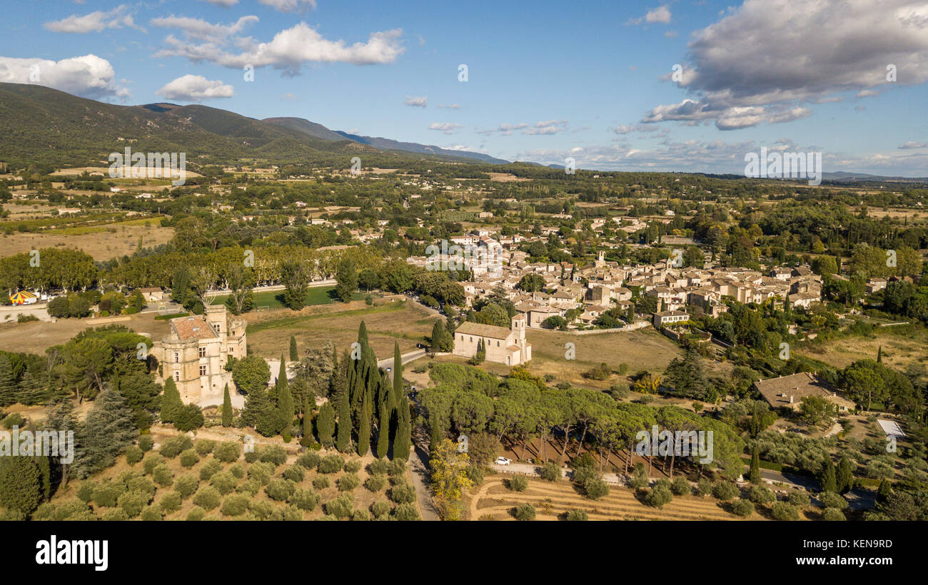 Aerial view of Lourmarin castle and village in southeastern France Stock Photo