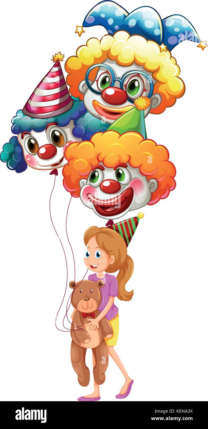 Illustration of a young lady with clown balloons and a teddy bear on a ...