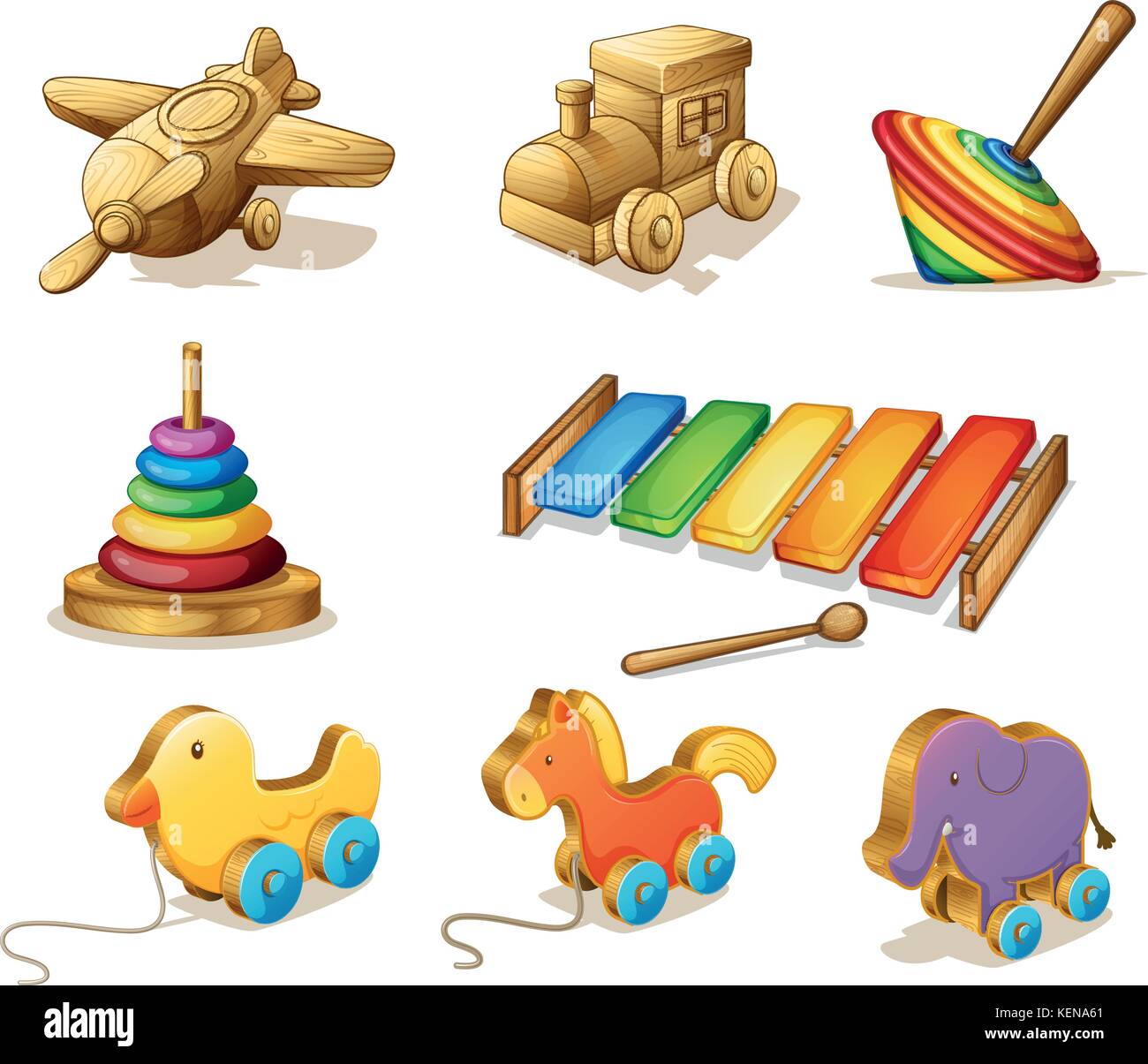 Illustration of many different wooden toys Stock Vector