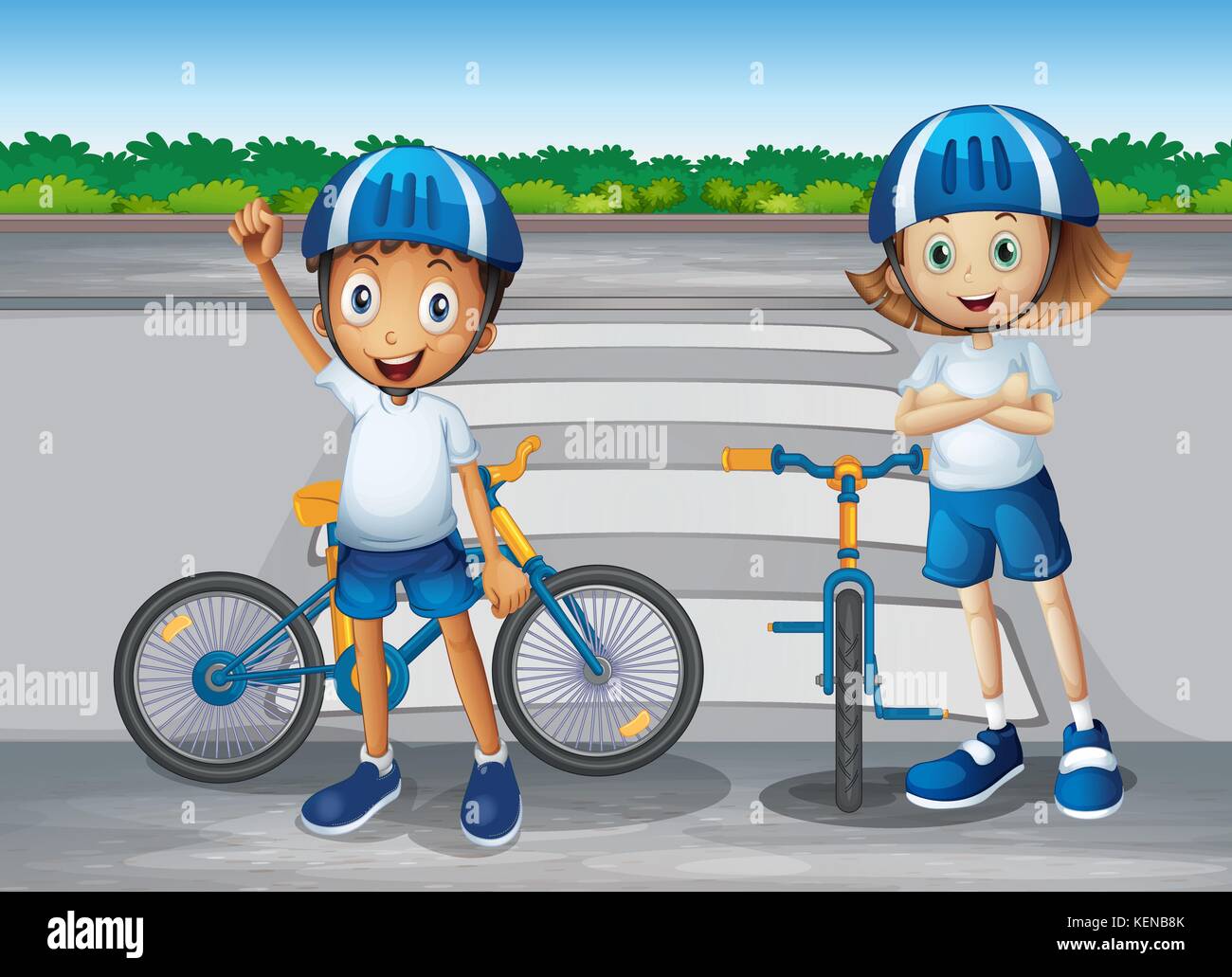 Illustration of a girl and a boy with their bikes standing near the pedestrian lane Stock Vector